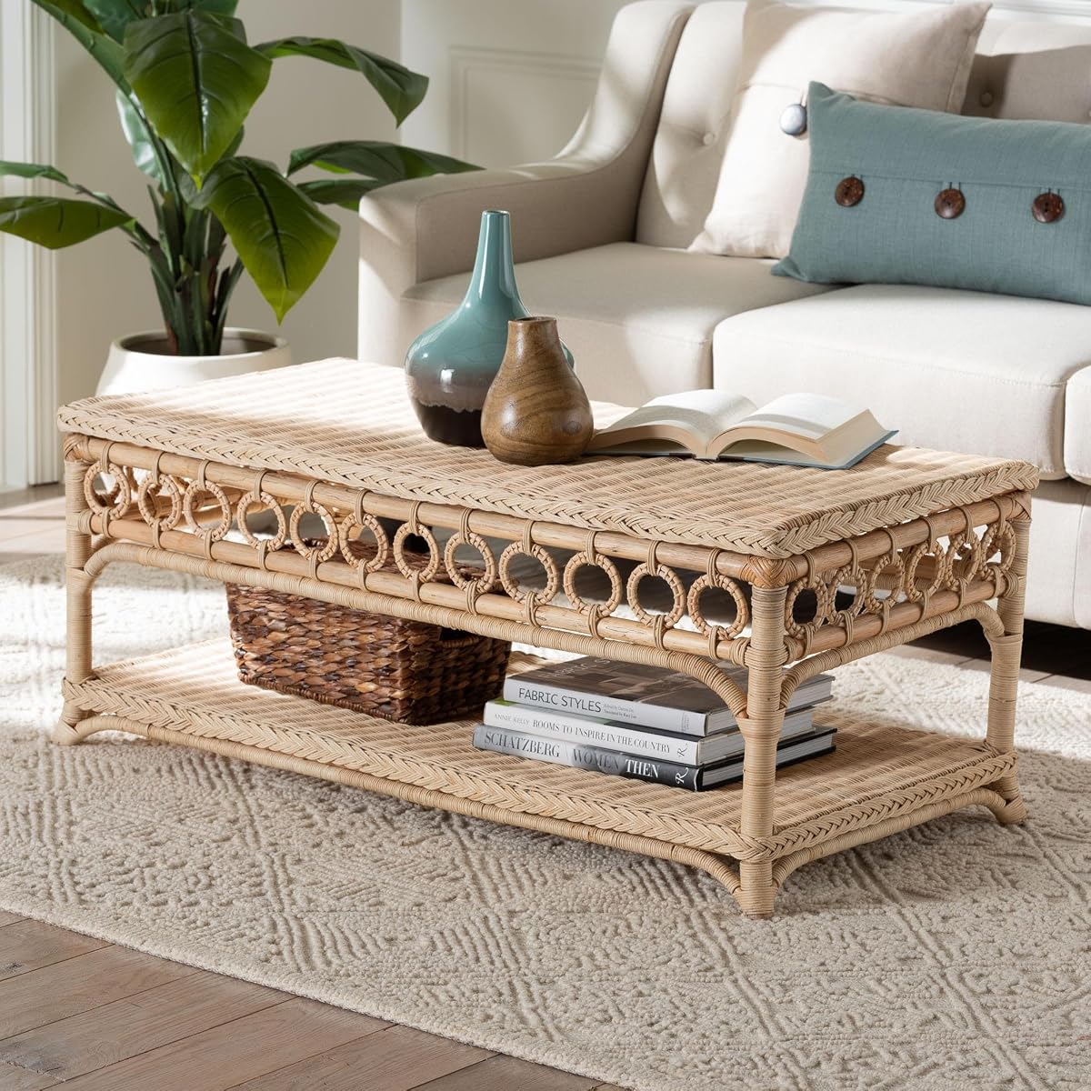 Oxford Natural Rattan Furniture with Braided Edges and emblished Decorative Ring Design, Coffee Table