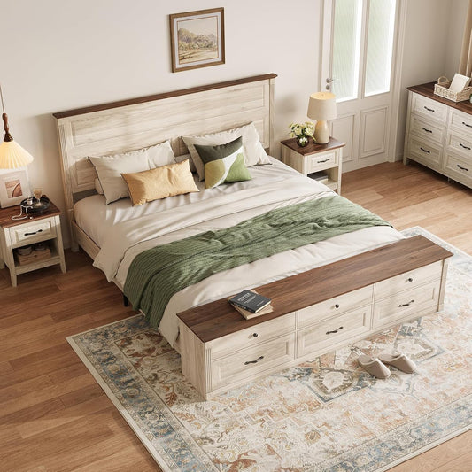 Farmhouse King Bed with Headboard and Storage Bench, Antique White