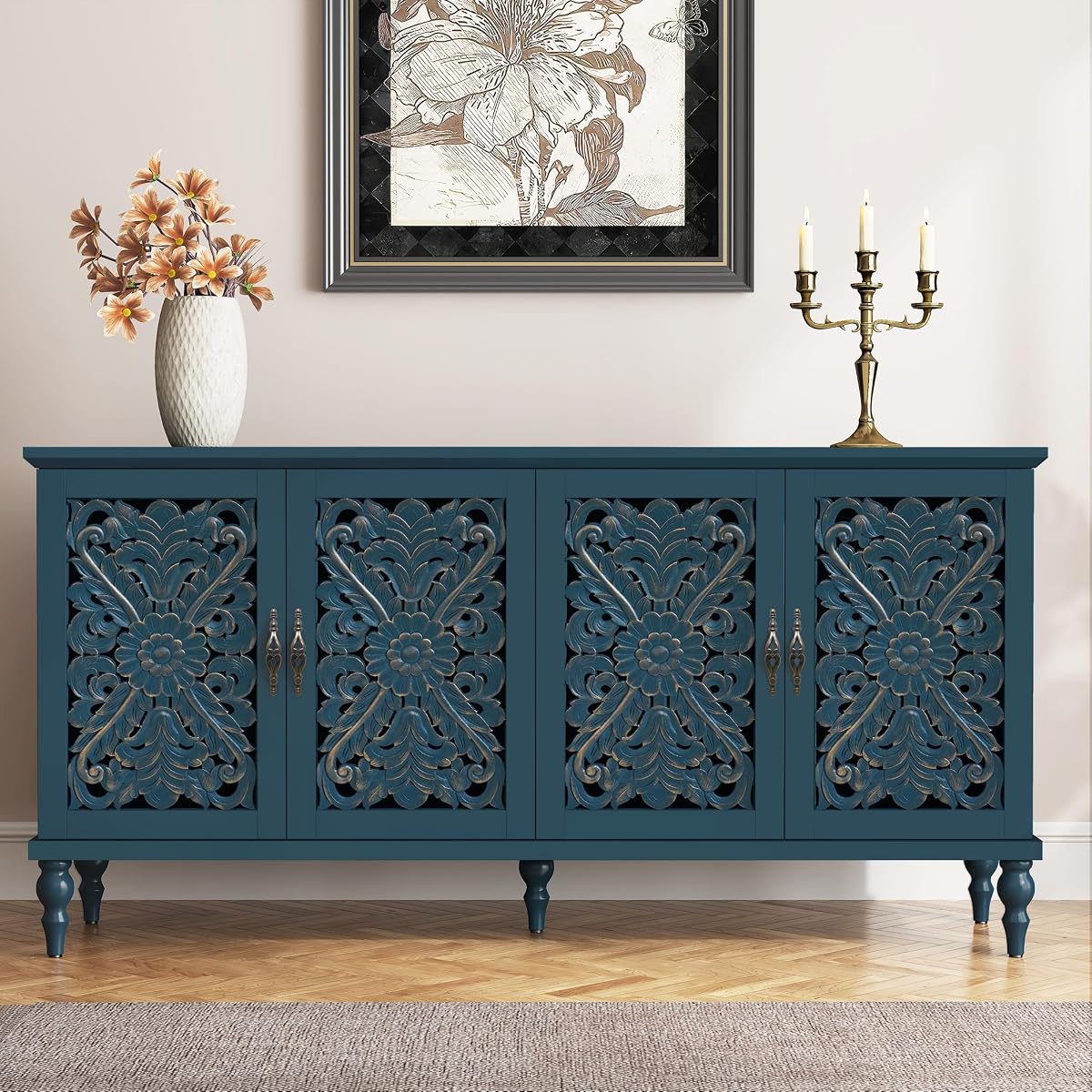 61.8" Hollow Carved Accent Cabinet with 4 Doors for Living Room
