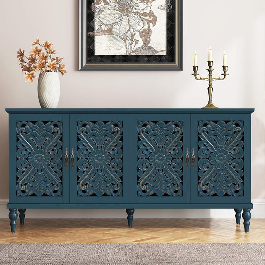 61.8" Hollow Carved Accent Cabinet with 4 Doors for Living Room