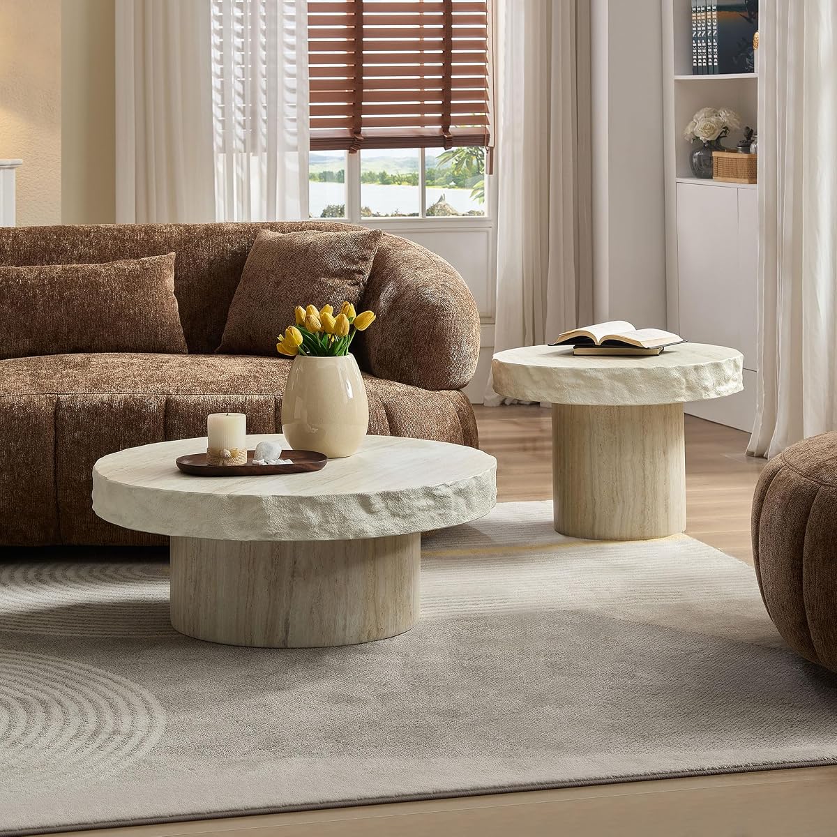Set of 2 Round Coffee Tables for Living Room, 31.7" W x 13" H Faux Mars Circle Drum Pattern Modern Minimalist 23.82" W x16.93 Side Tables Accent End Table for Apartment, Office, Beige