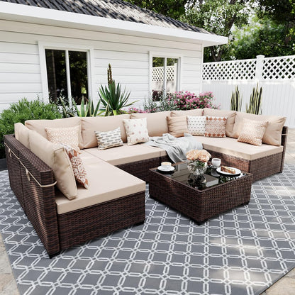 7 Pieces Patio Furniture Sets, Wicker Outdoor Sectional Sofa Couch with Coffee Table, Patio Conversation Set for Deck Backyard Garden, Brown Rattan, Beige Cushion
