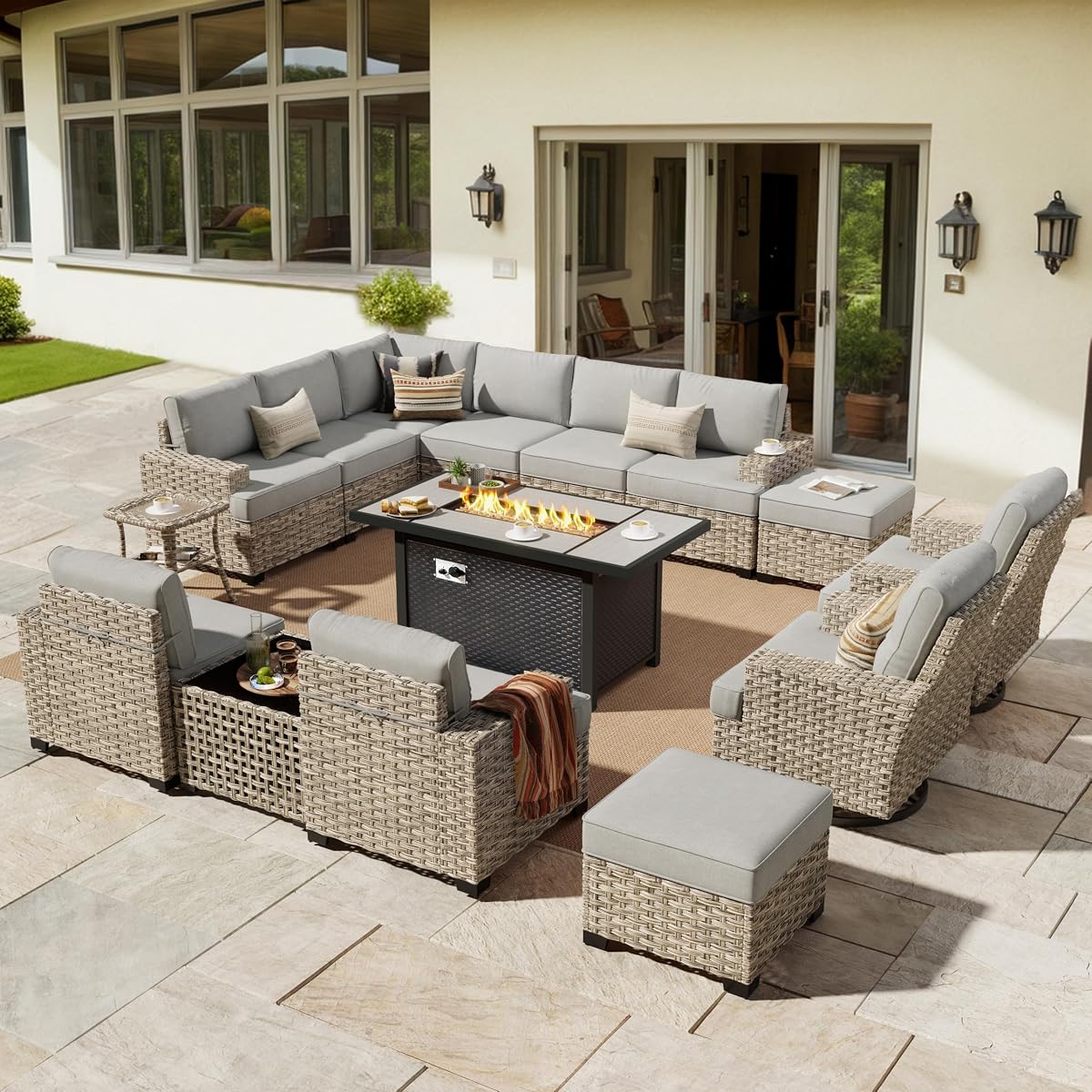 Outdoor Sectional Patio Furniture Set with Fire Pit Table,15 Pieces Wicker Conversation Sets L Shaped Couch,Extra Deep Out Door Sofa Outside Furniture with Swivel Chairs Ottoman,Charcoal Gray