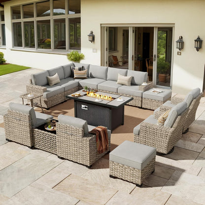 Outdoor Sectional Patio Furniture Set with Fire Pit Table,15 Pieces Wicker Conversation Sets L Shaped Couch,Extra Deep Out Door Sofa Outside Furniture with Swivel Chairs Ottoman,Charcoal Gray