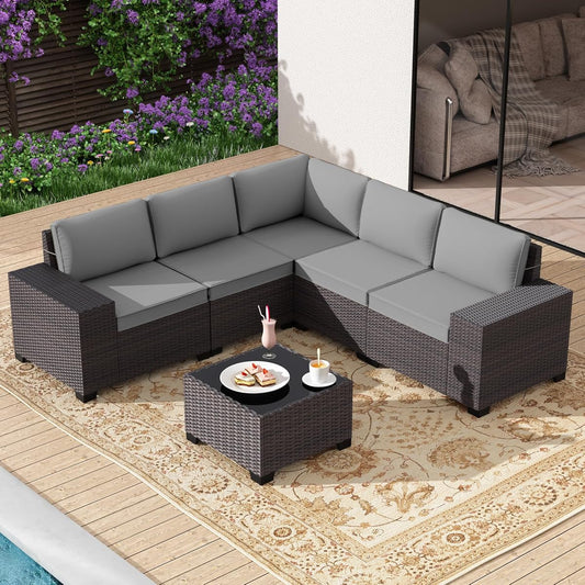 6 Pieces Patio Furniture Set with 1 Coffee Table, 5 Seater Rattan Outdoor Sectional with Wide Armrests 29.5'' High Backrest Thick Waterproof Cushions, Conversation Sets for Deck Garden Gray