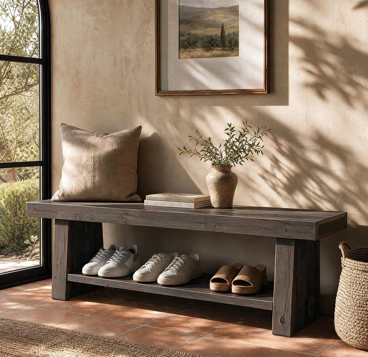 63'' Solid Wood Entryway Bench with Open Shelves