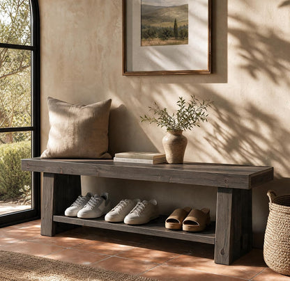 63'' Solid Wood Entryway Bench with Open Shelves