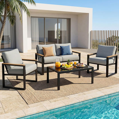 4 Pieces Patio Furniture Sets,Outdoor Metal Sectional Furniture Modern Patio Conversation Set,Fauxwood Anti-Scald Armrest,Sling Mesh,Tempered-Glass Table,4" Olefin Cushions