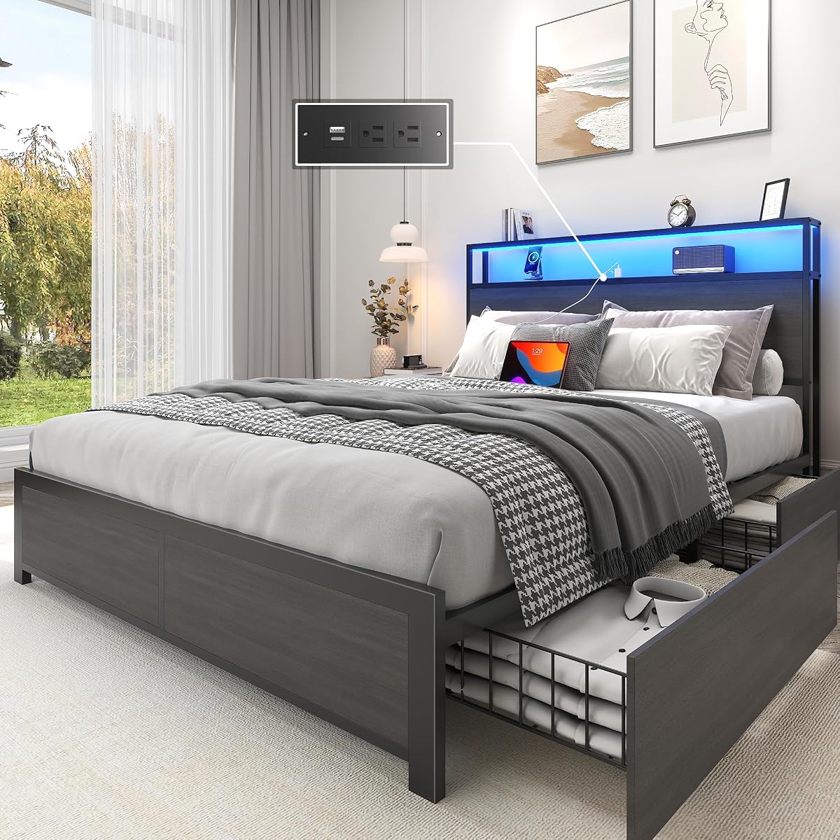 Full Bed Frame with 2-Tier Storage Headboard