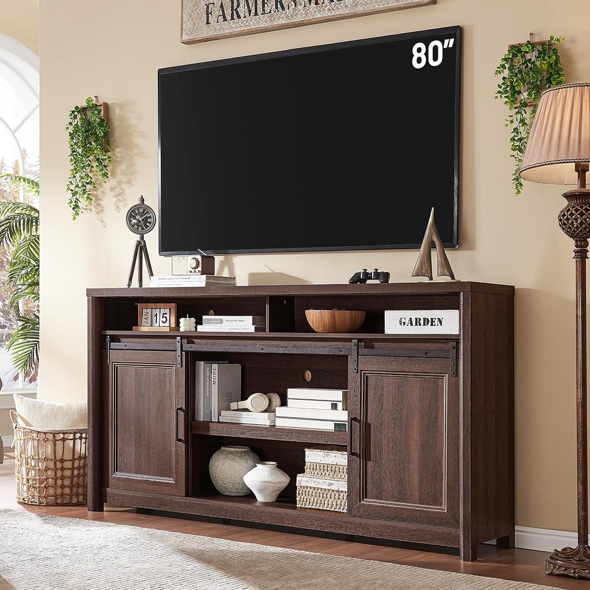 Farmhouse TV Stand for Living Room, Entertainment Center with Storage, Walnut TV Console for Bedroom, Media Storage Cabinet with Sliding Barn Doors & Adjustable Shelves, Fits 80 Inch TV, Rustic Wood