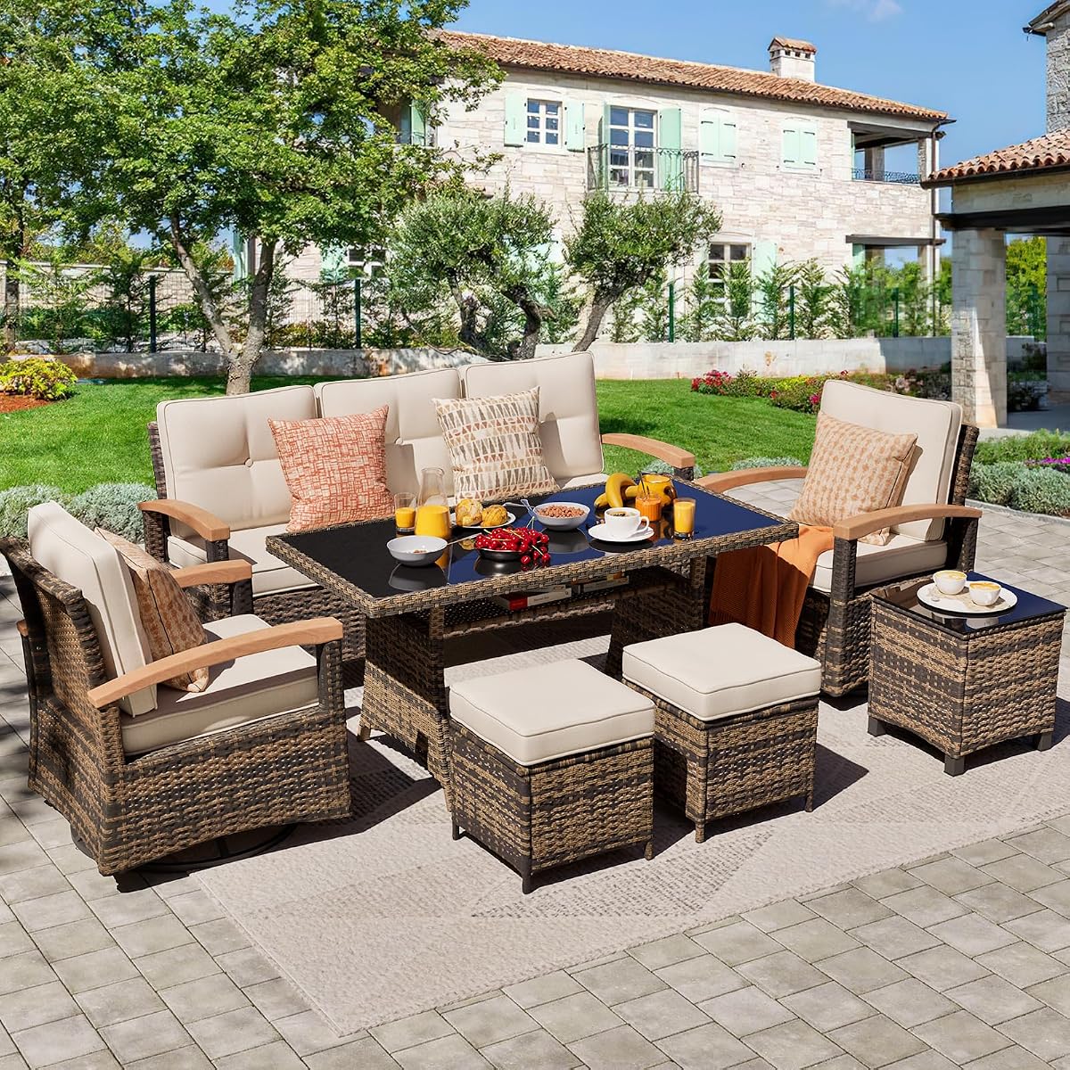 7 Pieces Patio Furniture Sets, PE Wicker Outdoor Conversation Sets with 2 Wood Armrests Swivel Rocker Chairs, 2 Ottomans,3-seat Sofa and Dining Table (Beige)