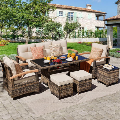 7 Pieces Patio Furniture Sets, PE Wicker Outdoor Conversation Sets with 2 Wood Armrests Swivel Rocker Chairs, 2 Ottomans,3-seat Sofa and Dining Table (Beige)