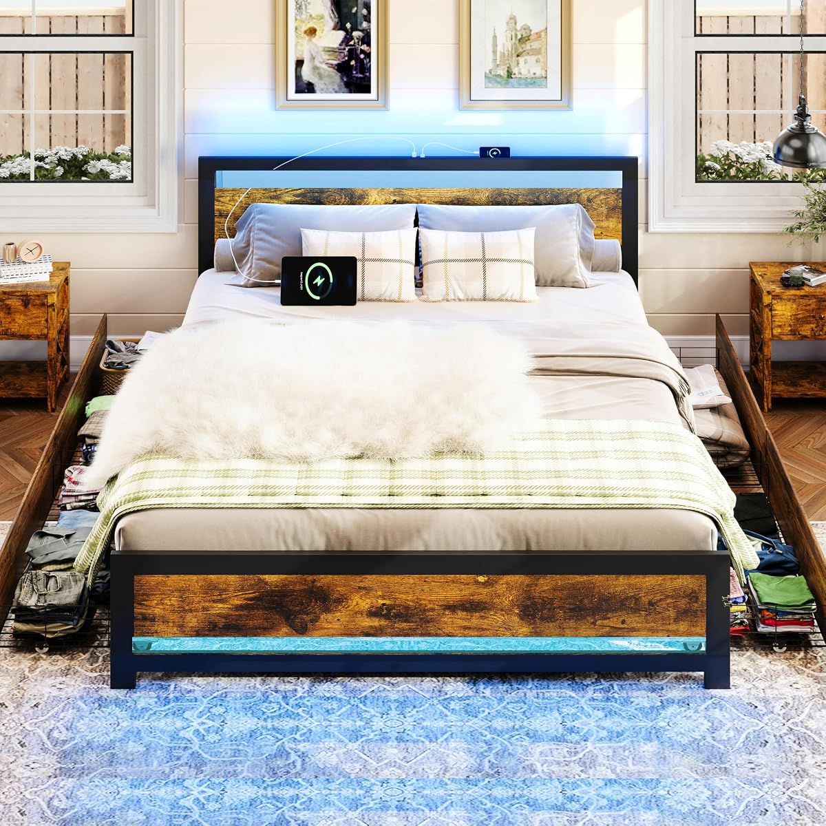 King Size Bed Frame with 4 Storage Drawers