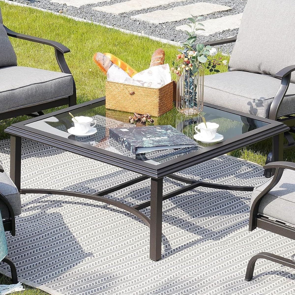 Outdoor Glass Coffee Table,Outdoor Furniture Coffee,Patio Garden Furniture Multi-Functional Tea Table with Tempered Glass Top, for Conversation-Square (Tea Table with Glass Top)