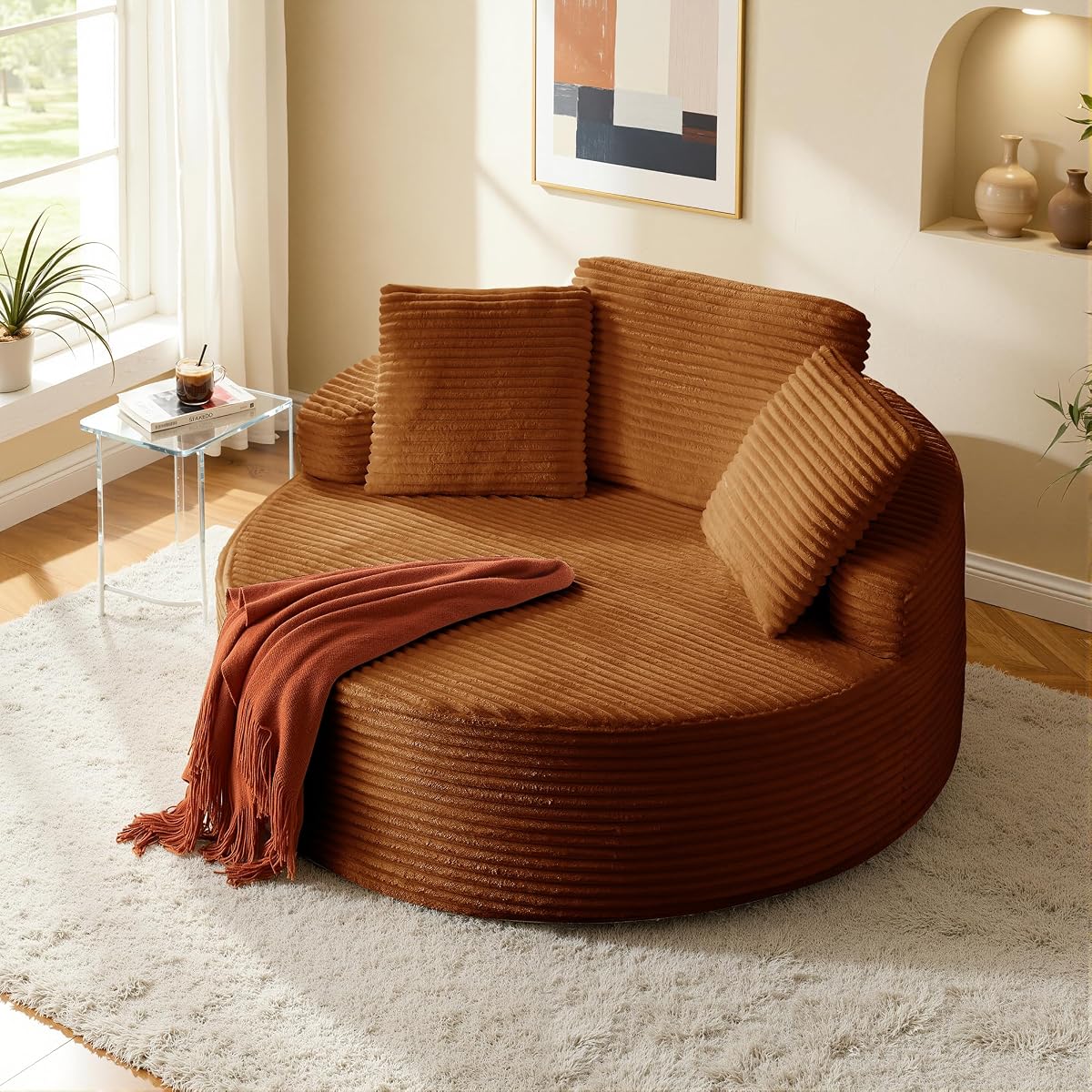 Oversized Round Chaise Lounge Chair, Corduroy Cloud Large Circle Sofa Chair