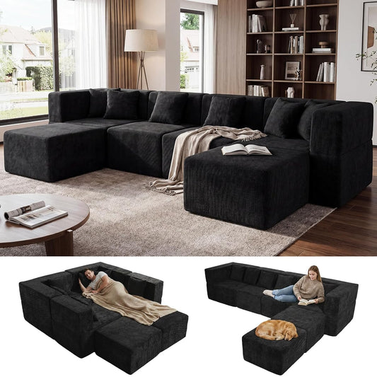 130'' Oversized Boneless Sectional Couches for Living Room, 6-Seat U Shaped Cloud Couch, Modular Sofa with Ottoman & 6 Throw Pillows, Comfy Chenille, No Assembly Required, Black