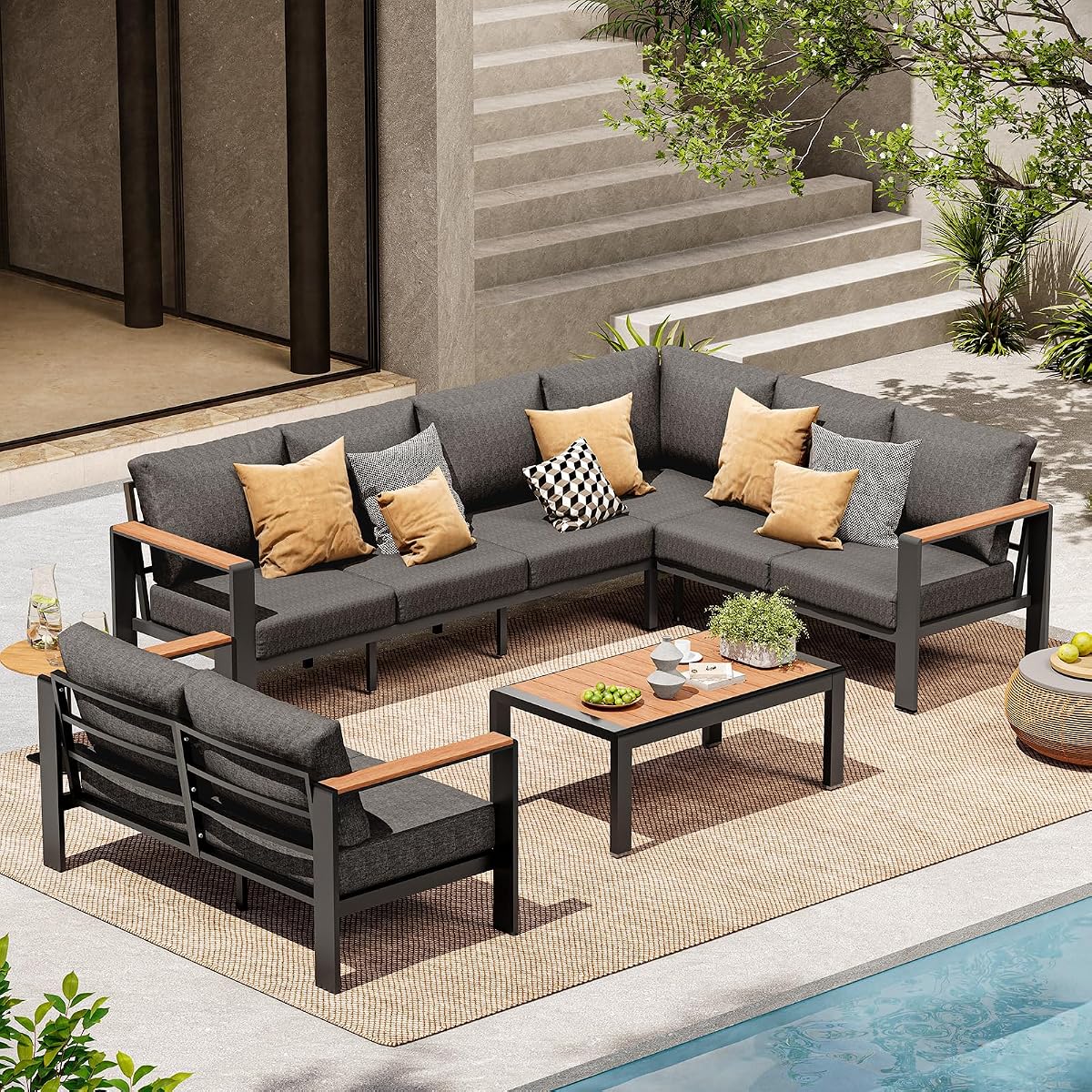 Aluminum Outdoor Patio Furniture Set 8 Seats, Outdoor Sectional Corner Sofa, Patio Conversation Set with Coffee Table & Washable Cushions, Furniture Set for Porch, Balcony, Deck, Graphite