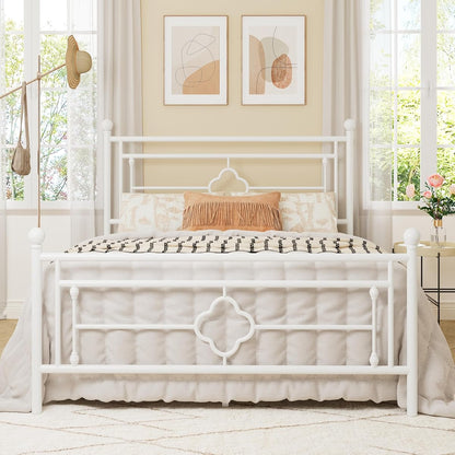 Full Size Metal Platform Bed Frame, Victorian Headboard, White