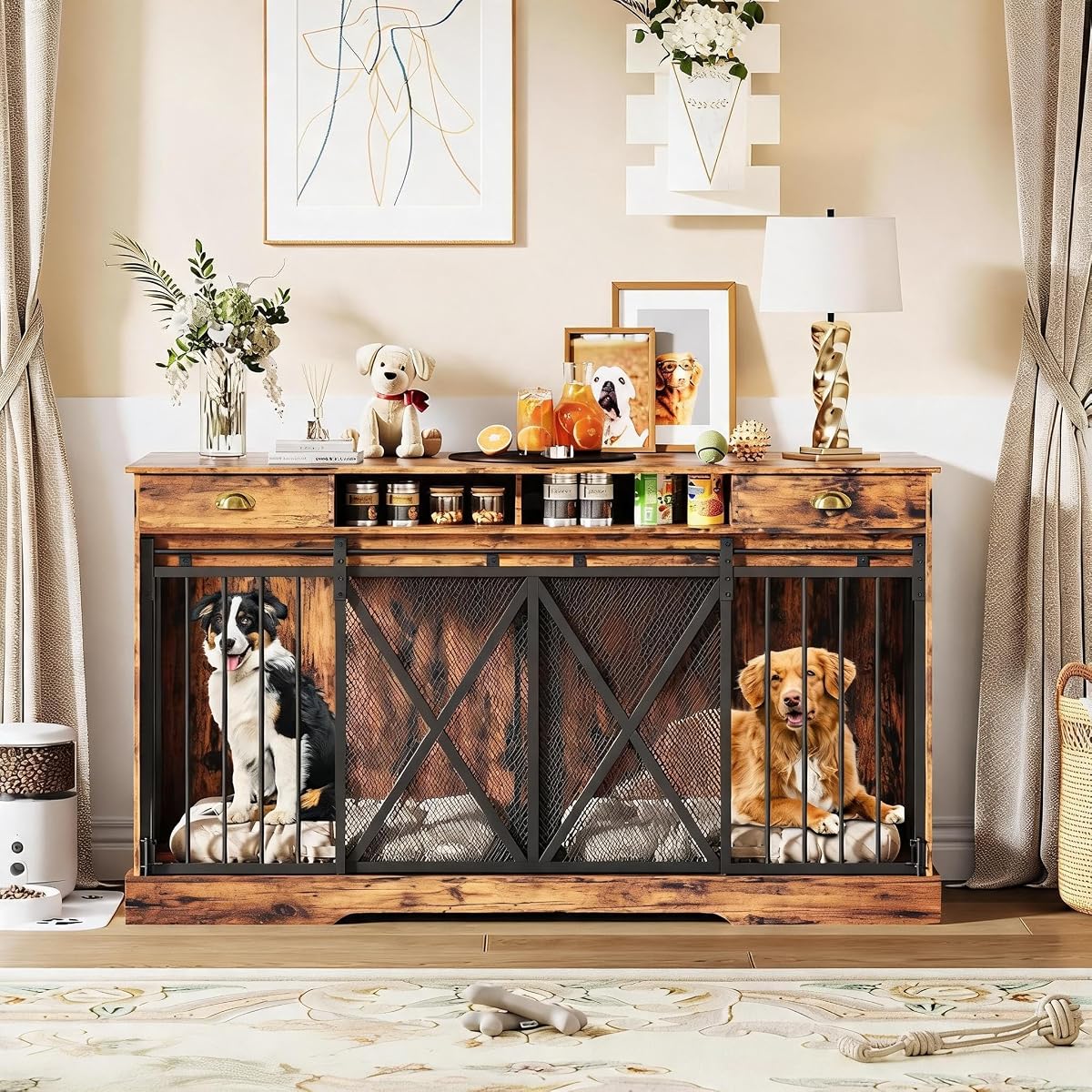 63 Inch Double Dog Crate Furniture for 2 Dogs