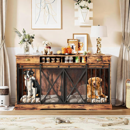 63 Inch Double Dog Crate Furniture for 2 Dogs
