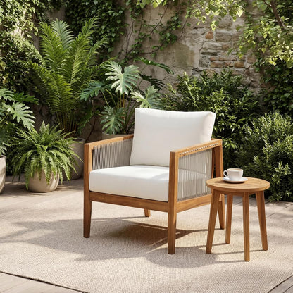 Lalulu Acacia Wood Lounge Chair Outdoor with Removable Cushion, Solid Wood Patio Accent Chair with Woven Rope Accents, Patio Furniture Set Sofa Chair, Beige+Teak