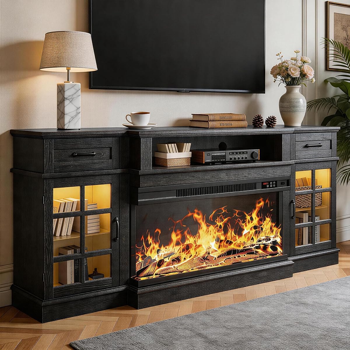 70" Fireplace TV Stand, 3-Sided Glass Fireplace and Modern Entertainment Center