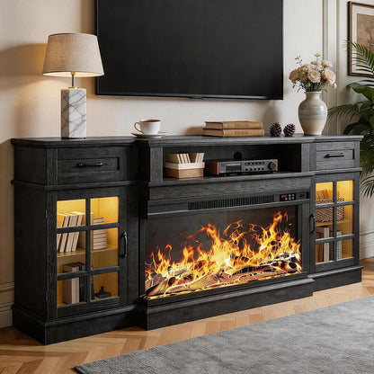 70" Fireplace TV Stand, 3-Sided Glass Fireplace and Modern Entertainment Center