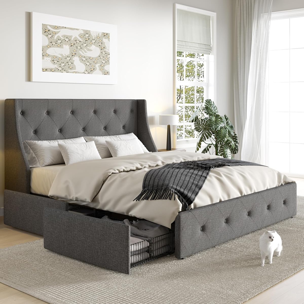 Upholstered Queen Size Platform Bed Frame with 4 Storage Drawers and Wingback Headboard, Diamond Stitched Button Tufted Design, No Box Spring Needed, Light Grey