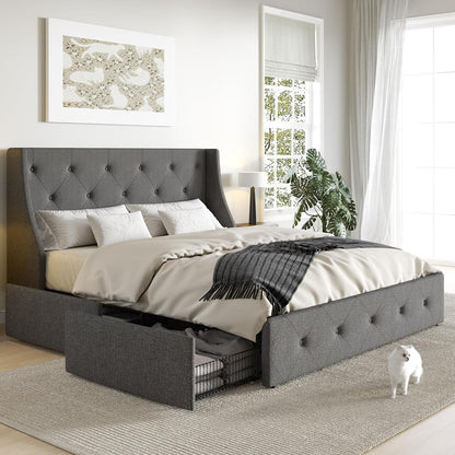 Upholstered Queen Size Platform Bed Frame with 4 Storage Drawers and Wingback Headboard, Diamond Stitched Button Tufted Design, No Box Spring Needed, Light Grey