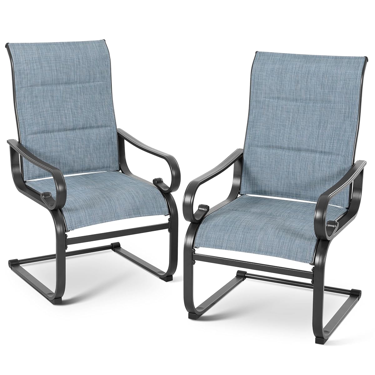 Set of 2 Padded Textilene Patio Dining Chairs C Spring Outdoor Chairs with Curved Armrests Powder Coated Metal Frame Patio Furniture for Garden Backyard Poolside Lawn Blue and Black