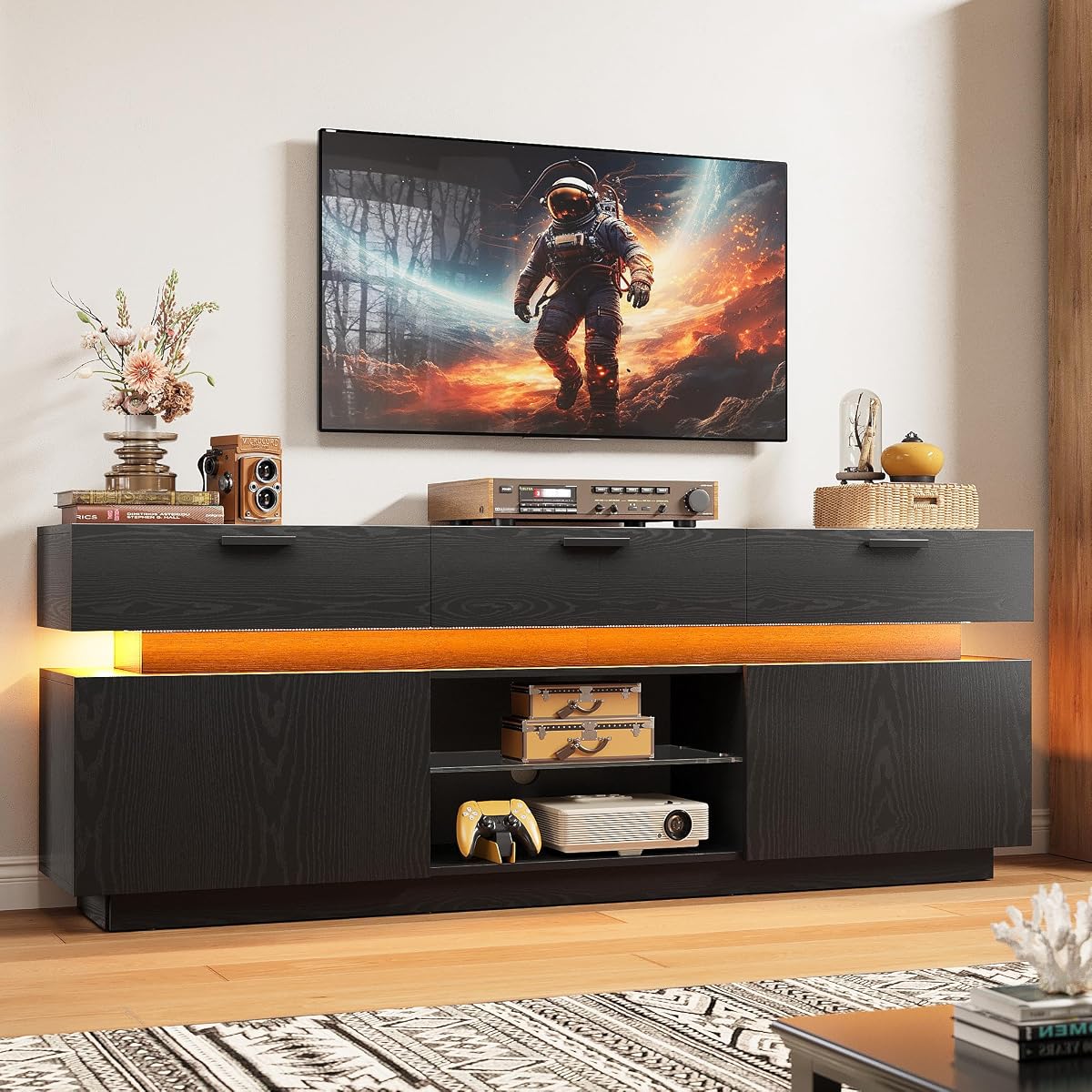 TV Stand for TVs up to 85", LED Lights and Power Outlets, Black