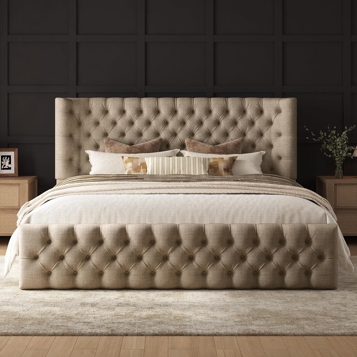 Upholstered Bed Frame Wingback Headboard, Queen Size, Khaki