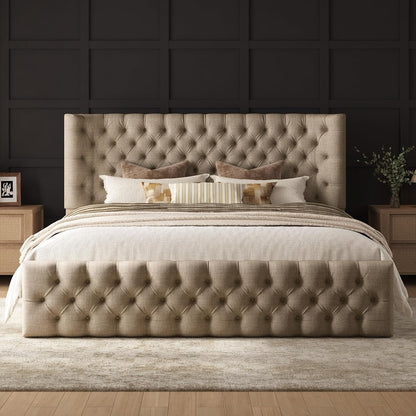 Upholstered Bed Frame Wingback Headboard, Queen Size, Khaki