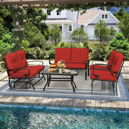 5-Piece Outdoor Metal Furniture Sets Patio Conversation Set Wrought Iron Glider, 2 Single Chairs, Loveseat and Coffee Table, Red