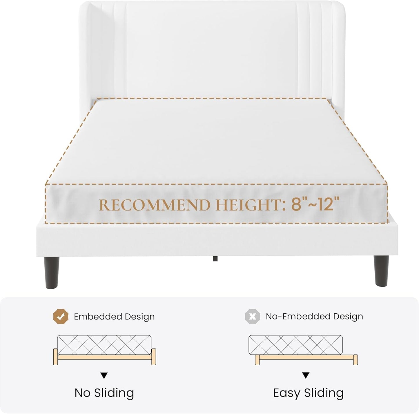 Queen Size Velvet Upholstered Platform Bed Frame with Vertical Channel Tufted Wingback Headboard, Wooden Slats Support, Easy Assembly, under Bed Storage, No Box Spring Required, White