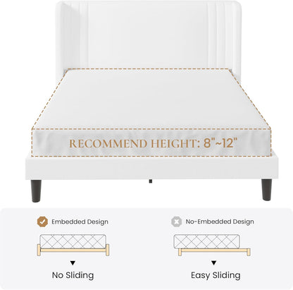 Queen Size Velvet Upholstered Platform Bed Frame with Vertical Channel Tufted Wingback Headboard, Wooden Slats Support, Easy Assembly, under Bed Storage, No Box Spring Required, White