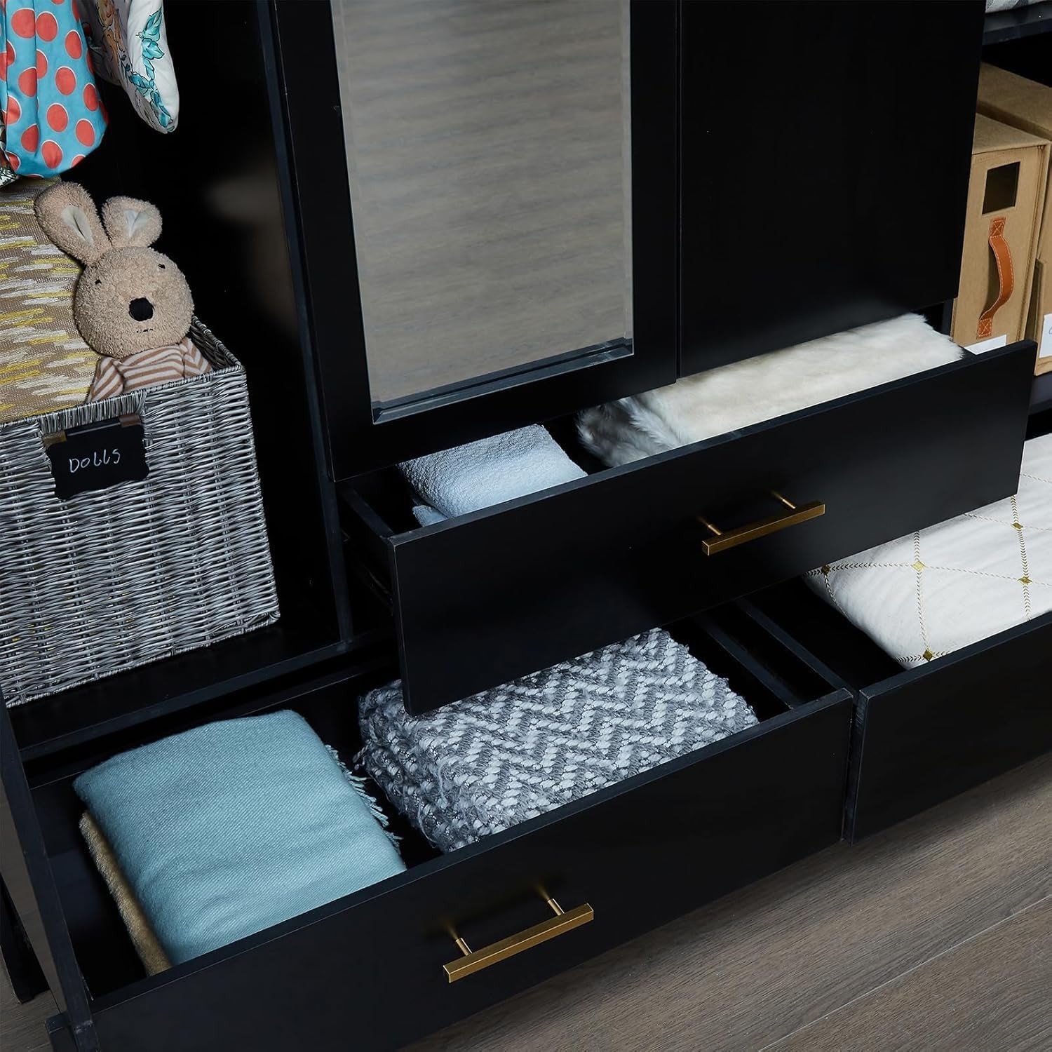 Wood Black Armoire Wardrobe Closet Black: 4 Doors Wardrobe Cabinet 2 Hanging Rods 3 Drawers with Mirror Shelves Large Storage for Bedroom Home