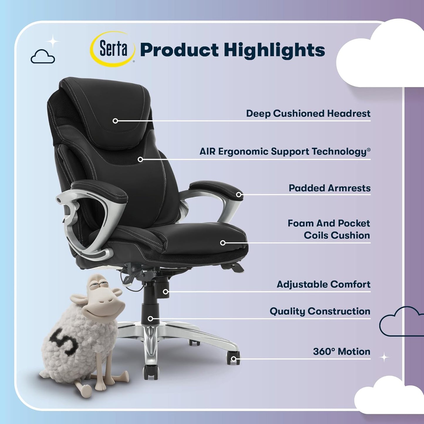 Bryce Executive Office Chair, Ergonomic Computer Deskchairs with Patented AIR Lumbar Support, Comfy Body Pillows, Height Adjustable, Swivel Base with Wheels, Bonded Leather, Black