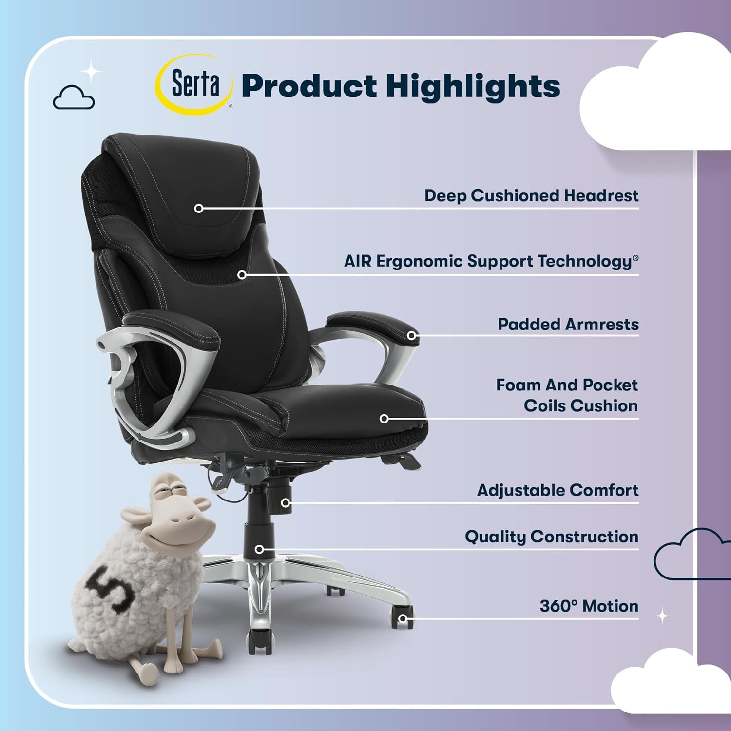 Bryce Executive Office Chair, Ergonomic Computer Deskchairs with Patented AIR Lumbar Support, Comfy Body Pillows, Height Adjustable, Swivel Base with Wheels, Bonded Leather, Black