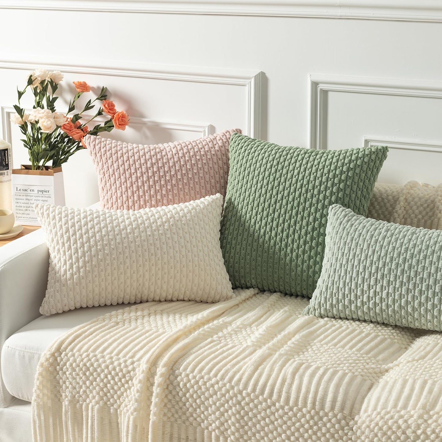 2 Packs Decorative Throw Pillow Covers 18X18 Inch for Living Room Couch Bed Spring Sofa Soft Striped Corduroy Square Cushion Case 45X45 Cm Farmhouse Boho Home Decor Sage Green