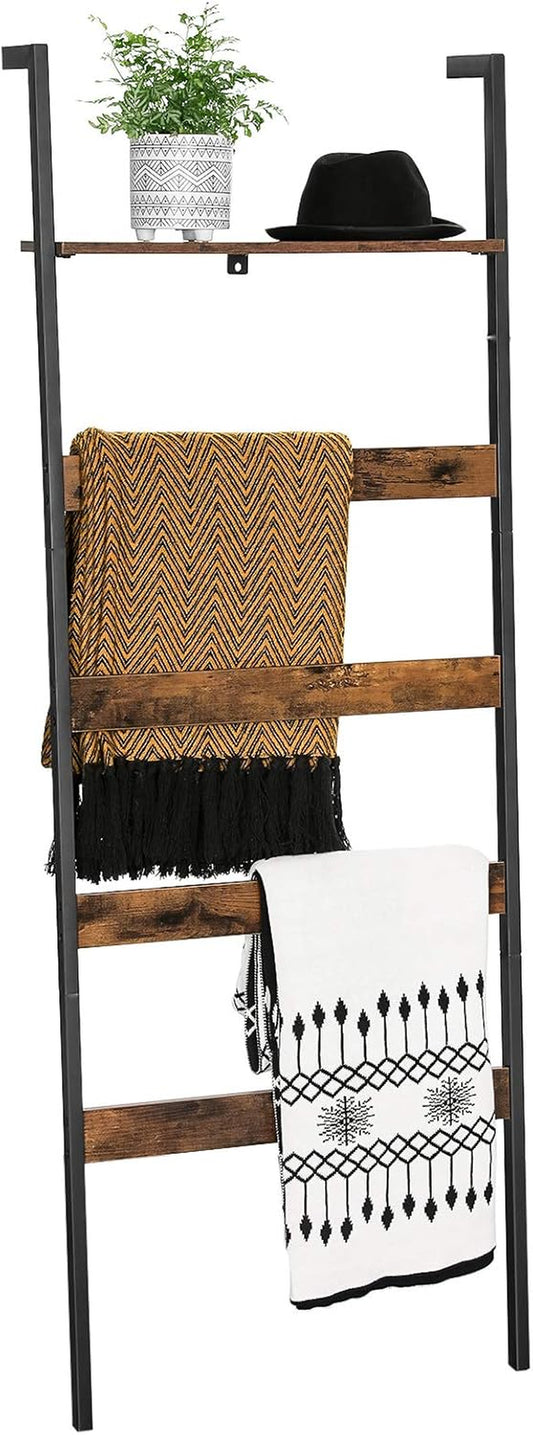 Blanket Ladder, Wall-Leaning Rack with Storage Shelf, for Blankets, Quilt, Towels, Scarves, Steel Frame, Industrial Style, Rustic Brown and Black ULLS012B01