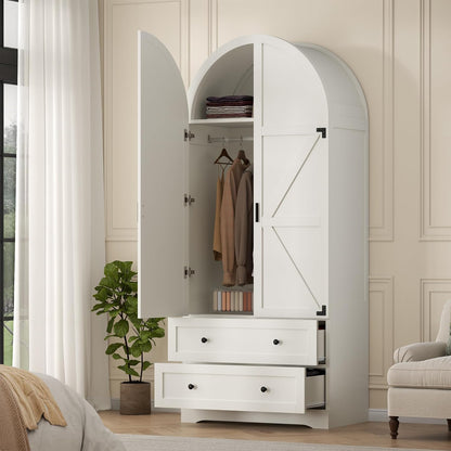 74.8" Armoire Wardrobe Closet with 2 Drawers and 2 Doors, Tall Bedroom Freestanding Armoire Storage Cabinet with Shelves, Wood Large Wardrobe Combination for Hanging Clothes (White)