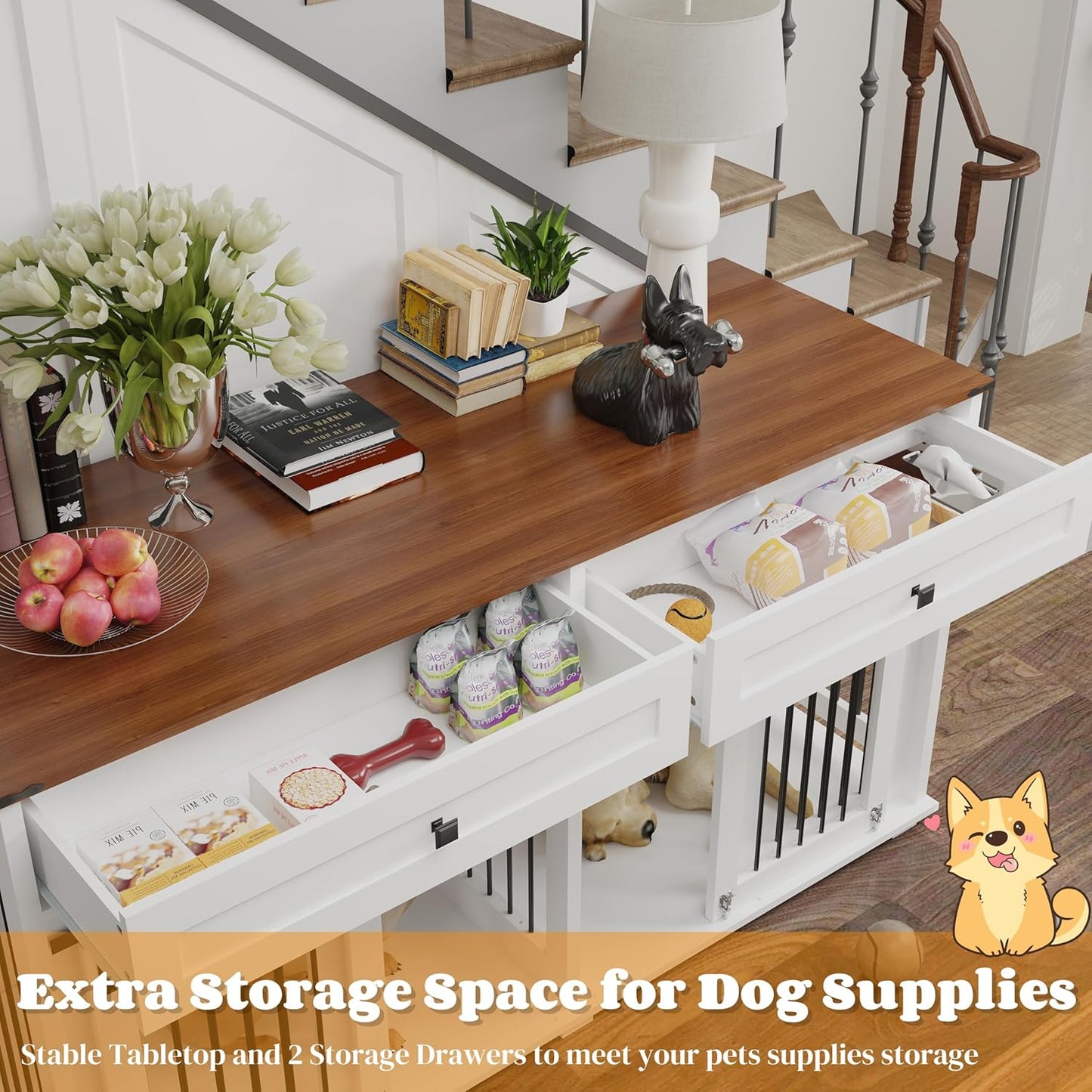 63'' Double Dog Crate Furniture for 2 Dogs, XXL Wooden 2 Dog Kennel, Wooden Dog Kennel with 2 Drawers,Divider and Sliding Door, Indoor Furniture Style Dog Crate End Table, White