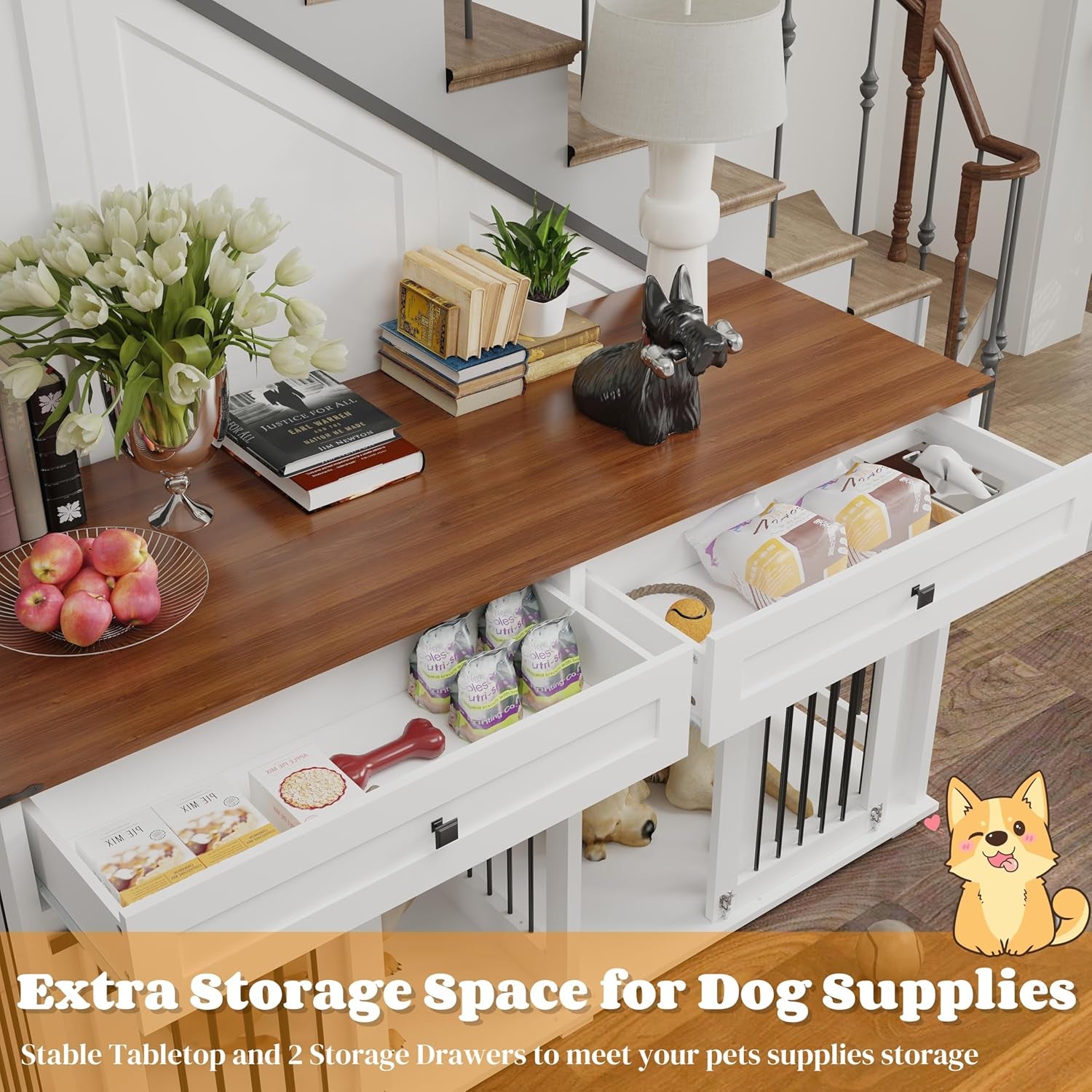 63'' Double Dog Crate Furniture for 2 Dogs, XXL Wooden 2 Dog Kennel, Wooden Dog Kennel with 2 Drawers,Divider and Sliding Door, Indoor Furniture Style Dog Crate End Table, White