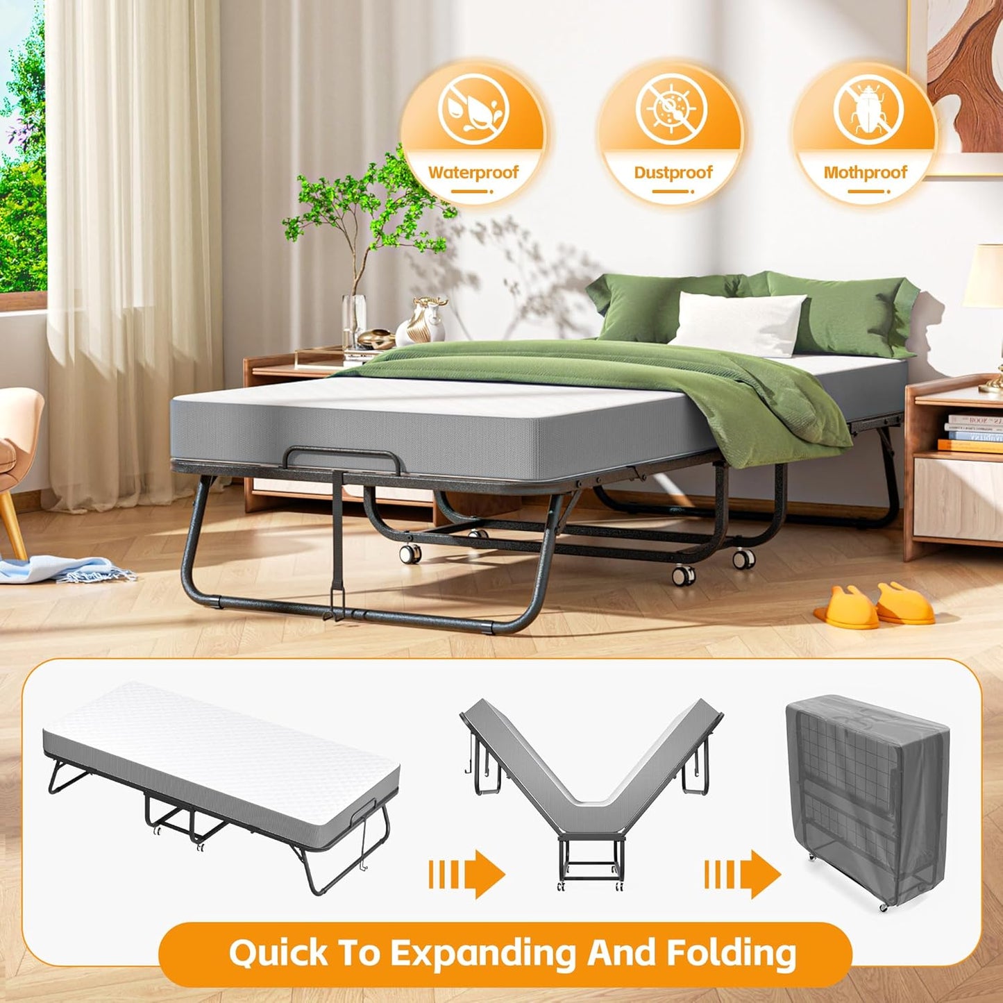 Folding Bed with Mattress, Roll Away Beds with Mattress for Adults, Single Cot Foldable Rollaway Beds, 75" X 31" Portable Bed for Easy Storage, Strong Frame for Guest Room, Small Apartment