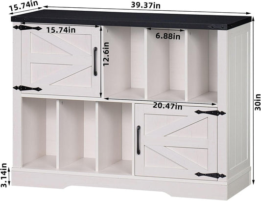 Large Record Player Stand with Vinyl Storage up to 450 Albums, 39 Inch Farmhouse Rustic Wood White Storage Cabinet with Barn Doors, Vintage Mid-Century Turntable Stand for Bedroom, Living Room