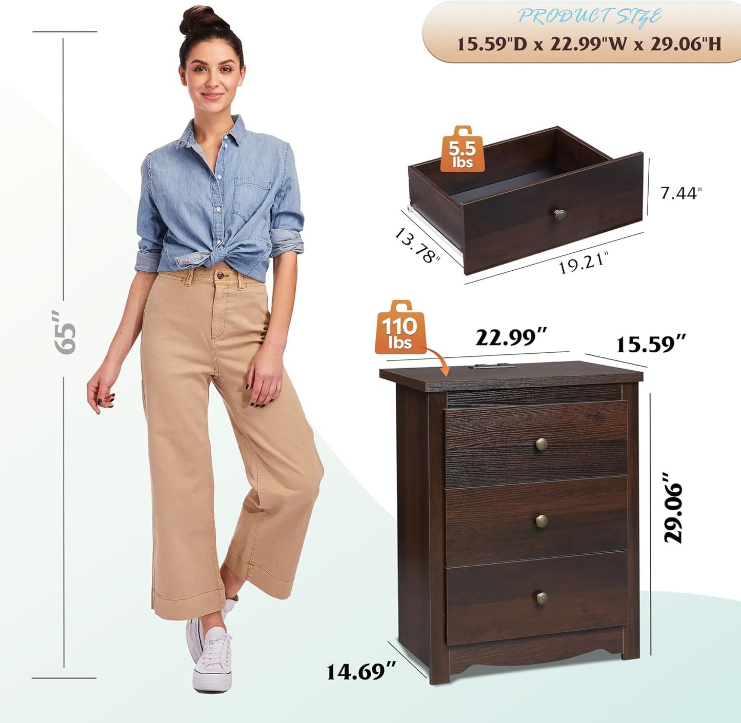 Tall Nightstand with Charging Station, Wood Nightstand with 3 Drawers, Bedside Tables Bedroom, Dorm, End Table with 2 USB Ports and 2 AC Outlets, Bedside Table, Espresso