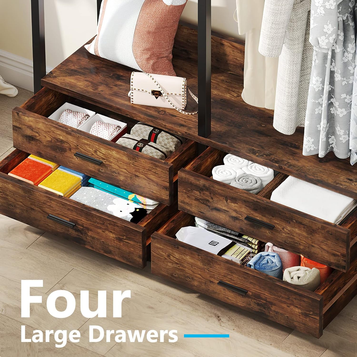 Freestanding Closet Organizer for Hanging Clothes, Heavy Duty Garment Rack with 4 Drawers, 8 Hooks and Storage Shelves, Wardrobe Closet Clothing Rack for Bedroom, Living Room, Rustic Brown