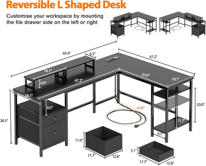 66” L Shaped Desk with Power Outlet, Reversible Computer Gaming Desk with File Drawer & 2 Monitor Stands for Home Office with Storage Shelves, Black