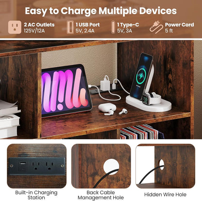 Large Record Player Stand with Charging Station, Turntable Stand Holds up to 450 Albums, Record Player Table with Raised Leg, Vinyl Record Storage for Living Room (Rustic Brown)